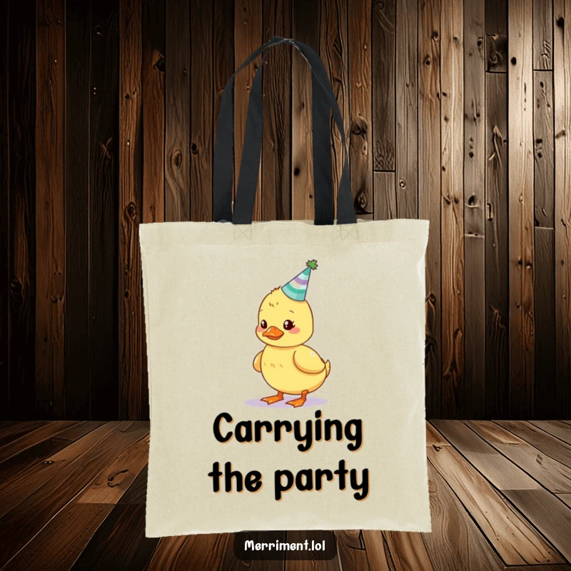 Funny duckling tote bag showing a wobbly bird trying to balance a small, glowing party hat, perfect for stylish carrying.