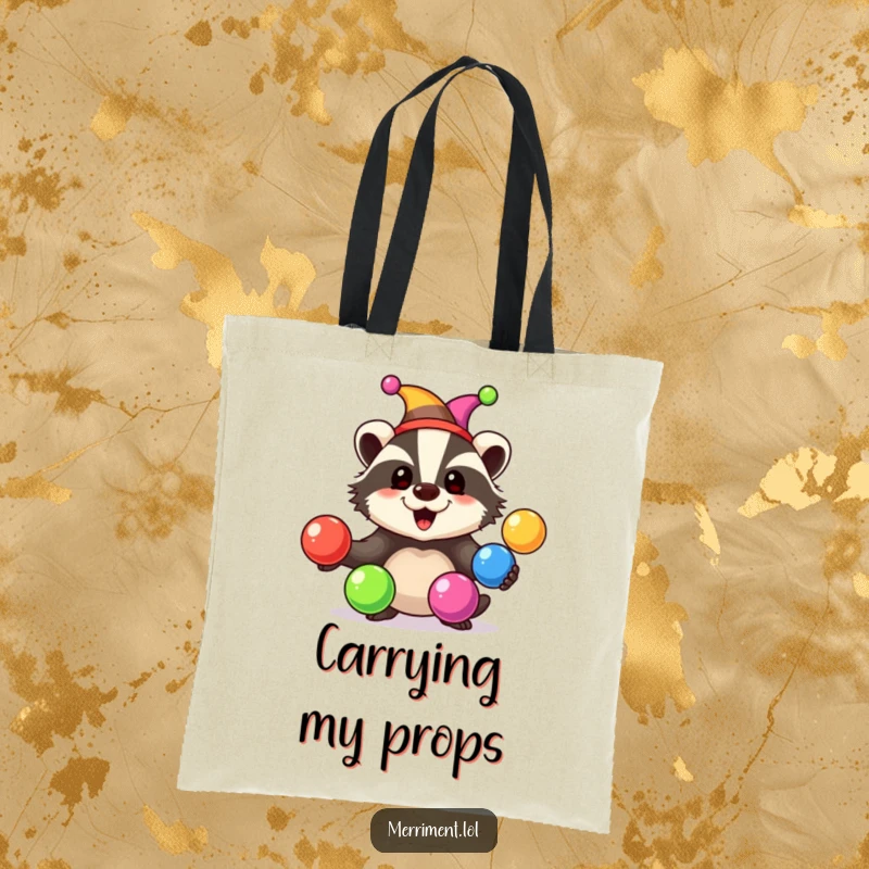 Happy badger in a jester hat juggles rainbow-colored balls with a joyful expression, on a spacious and stylish tote bag.