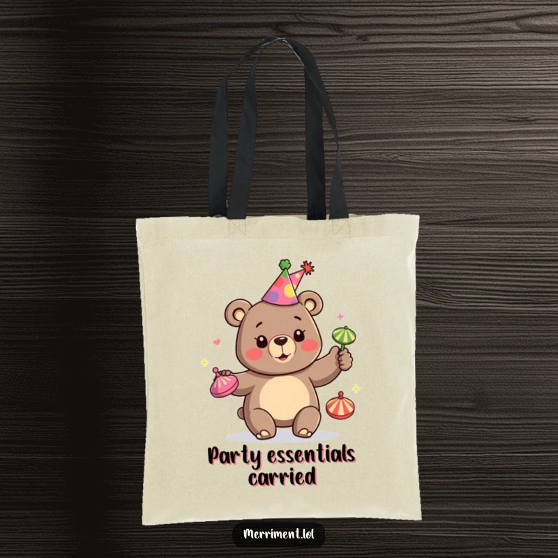 Funny tote bag showcasing a happy bear in a party hat, juggling multiple colorful spinning tops with skill and joy.