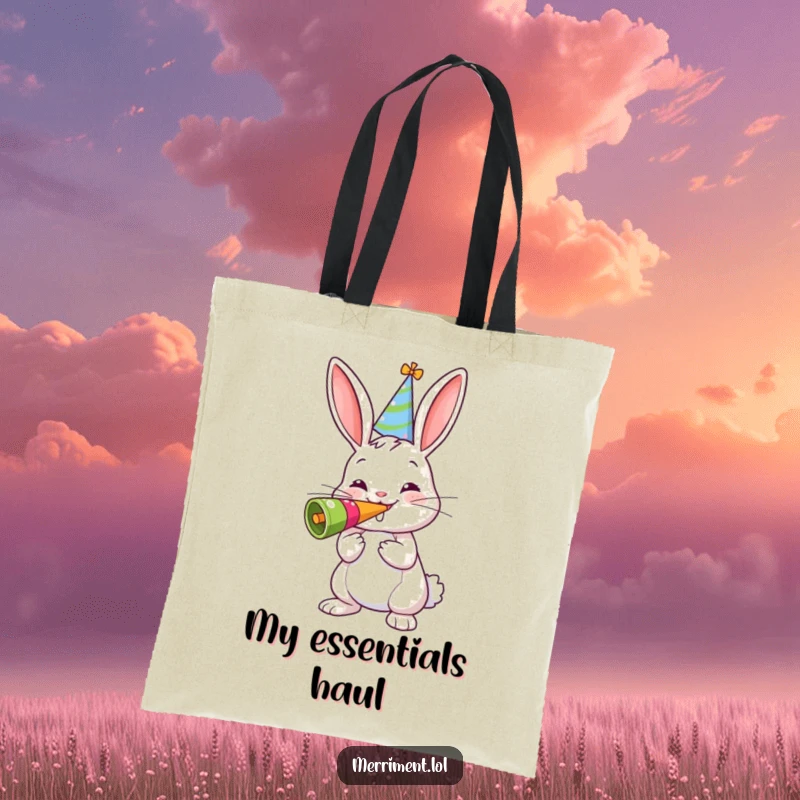 Funny tote bag showcasing a cheerful bunny in a party hat, blowing a giant noisemaker, ready for errands and fun.