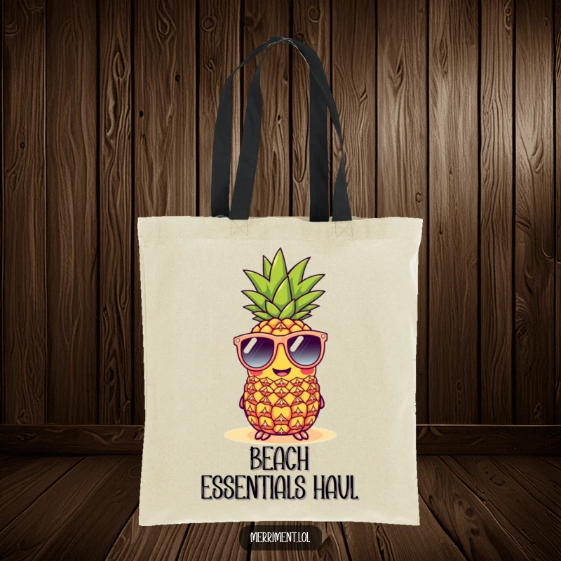 Funny cheerful pineapple tote bag wearing oversized sunglasses at a beach, a humorous and stylish beach accessory.