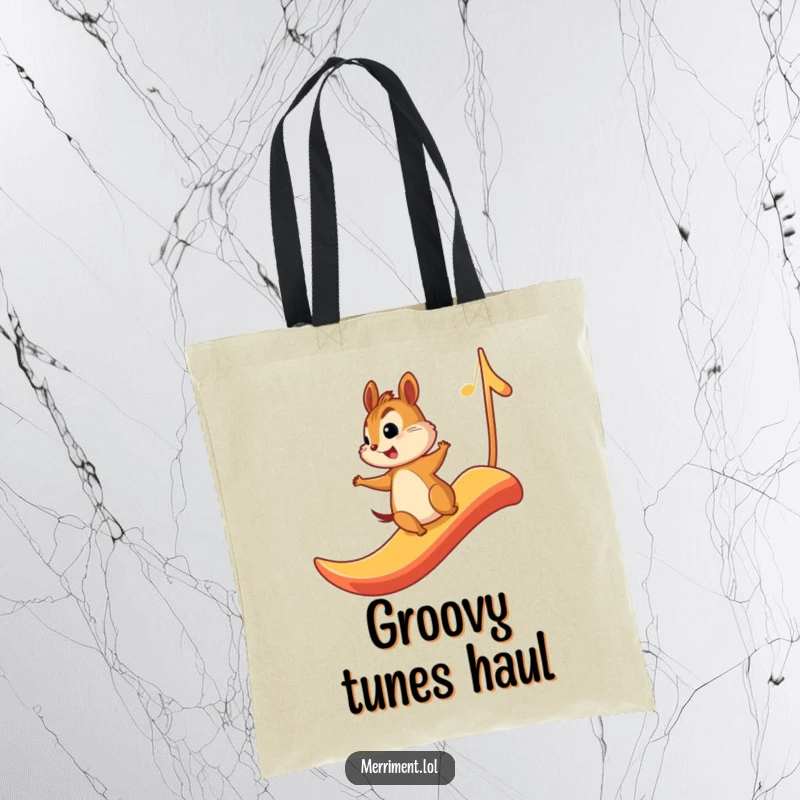 Funny tote bag with a chipmunk joyfully sliding down a giant musical note, perfect for music lovers on the go.