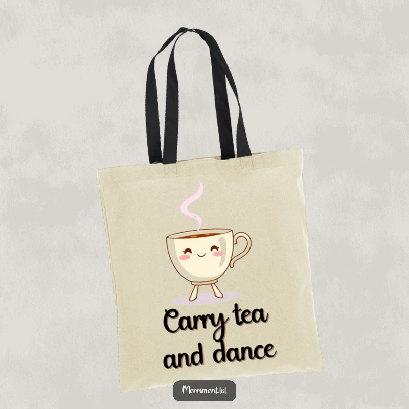 Funny dancing teacup tote bag with steam forming a playful shape, a stylish and humorous accessory.