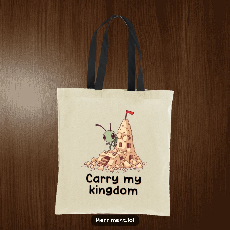 Funny tiny ant tote bag building a fortress out of crumbs, a practical and humorous accessory.
