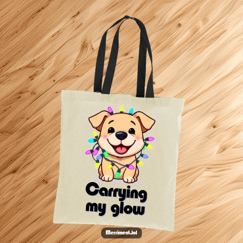 Funny dog tote bag featuring a smiling dog wearing oversized, brightly colored fairy lights, perfect for carrying essentials with festive humor.