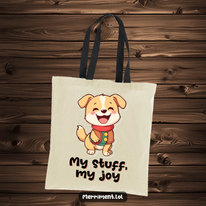 Funny tote bag with a happy dog in a festive vest, its tail a blur of motion as it wags wildly.