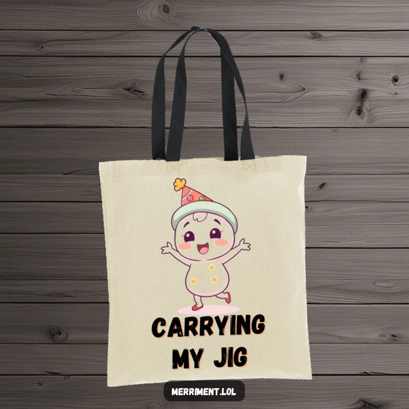 Funny Tote Bag: A delighted character wearing a festive hat performs an energetic jig. A practical and funny gift.