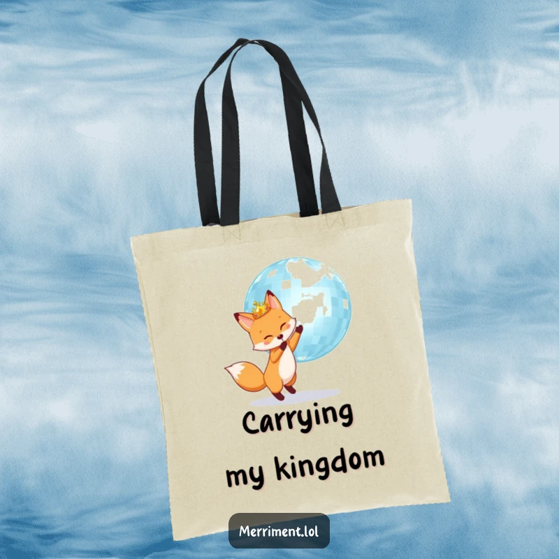 Fox wearing a crown is joyfully bouncing a giant shimmering disco ball, on a spacious and stylish tote bag.