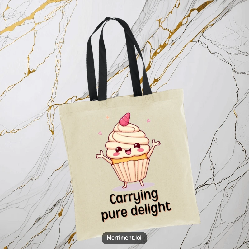 Funny tote bag design of a giddy cupcake character doing a celebratory jig, frosting flying, carrying your goods with cheerful humor.