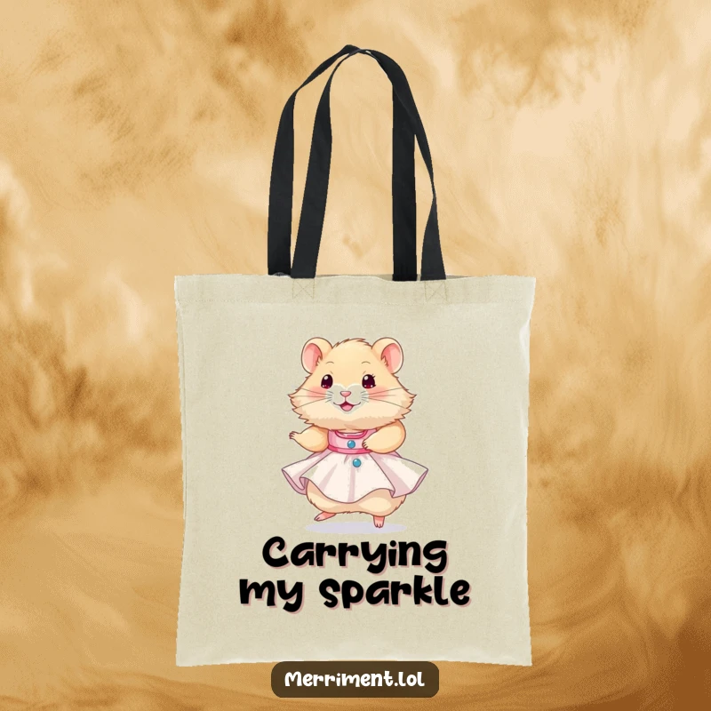 Funny hamster wearing a tiny party dress and twirling happily, a humorous and adorable design for a versatile tote bag.
