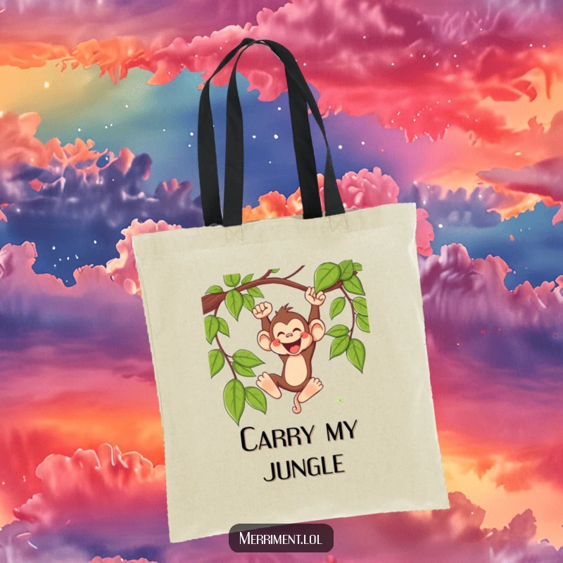 Funny monkey tote bag depicting a silly monkey character swinging wildly from a vine with a joyous whoop, a practical and humorous accessory.