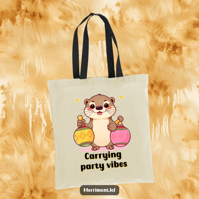 Funny tote bag with a playful otter shaking large, colorful maracas, perfect for carrying essentials to any celebration.