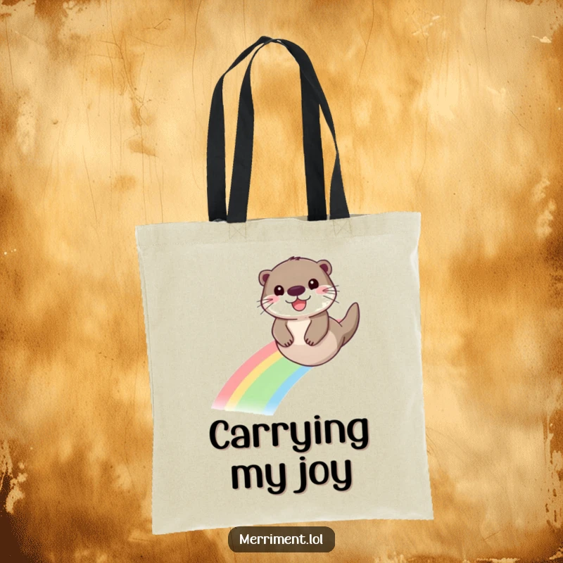 Funny tote bag featuring a playful otter with a beaming face sliding down a vibrant rainbow, a humorous and joyful accessory.