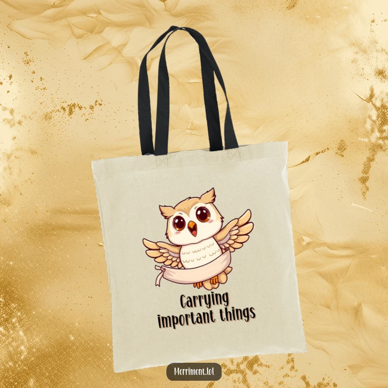 Funny owl tote bag, a joyful owl soaring with a banner, ideal for carrying messages and daily items.