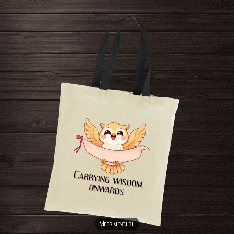 Funny owl tote bag, a joyful messenger bird soaring with a banner, perfect for shopping and daily commutes.