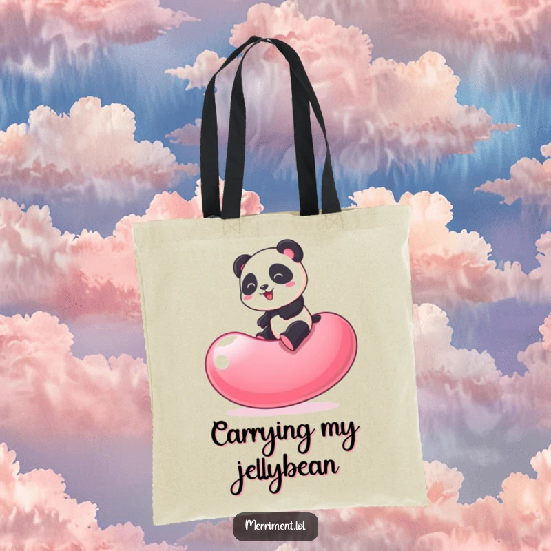 Funny Panda Tote Bag: Whimsical bag with a playful panda bouncing on a giant wobbling jelly bean, a cheerful carryall.