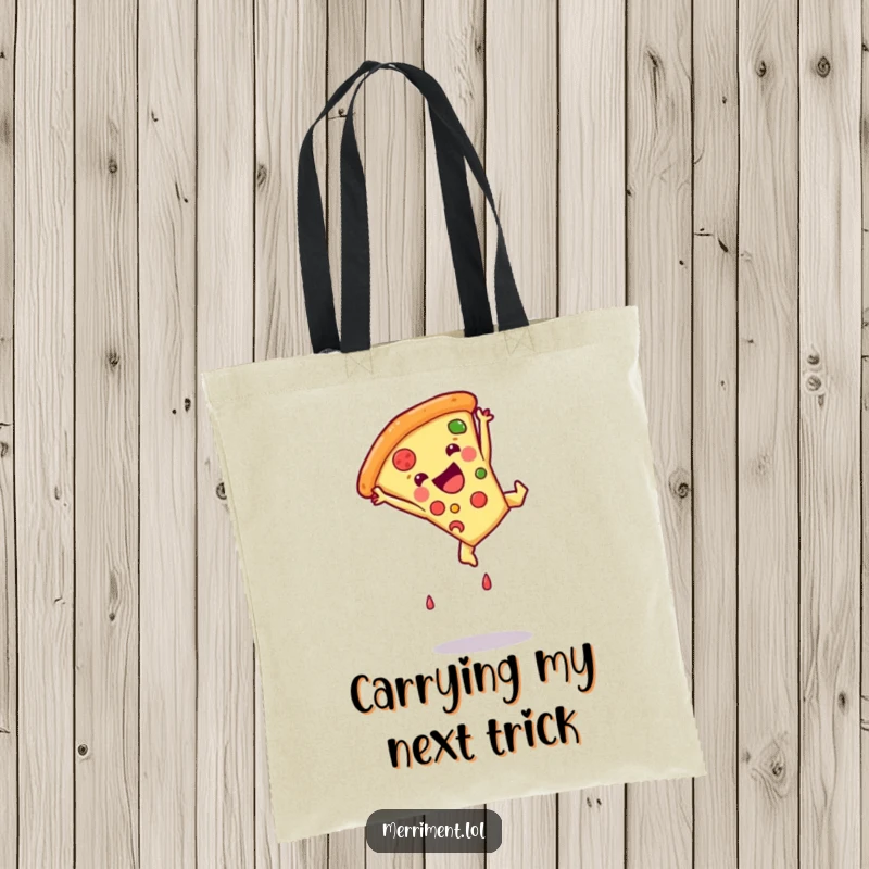 Funny pizza slice tote bag captured in a dynamic somersault, a practical and humorous accessory for daily use.
