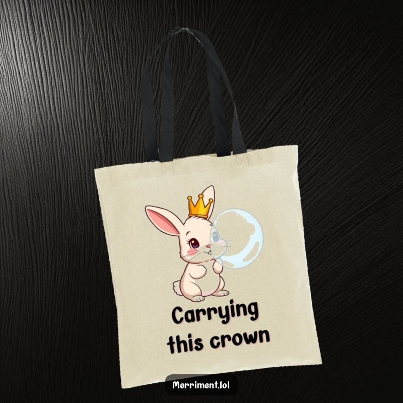 Funny Rabbit Tote Bag: Stylish bag with a curious crowned rabbit blowing a giant bubble, a humorous accessory.
