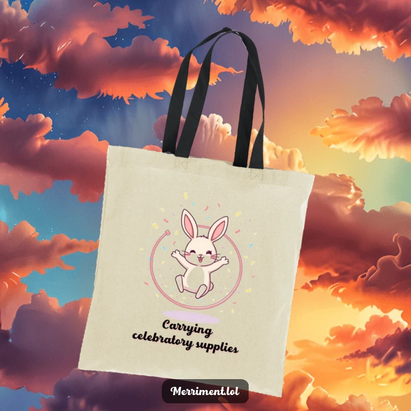 Funny tote bag illustrating a cheerful rabbit leaping through a hoop adorned with falling confetti, perfect for carrying essentials with flair.