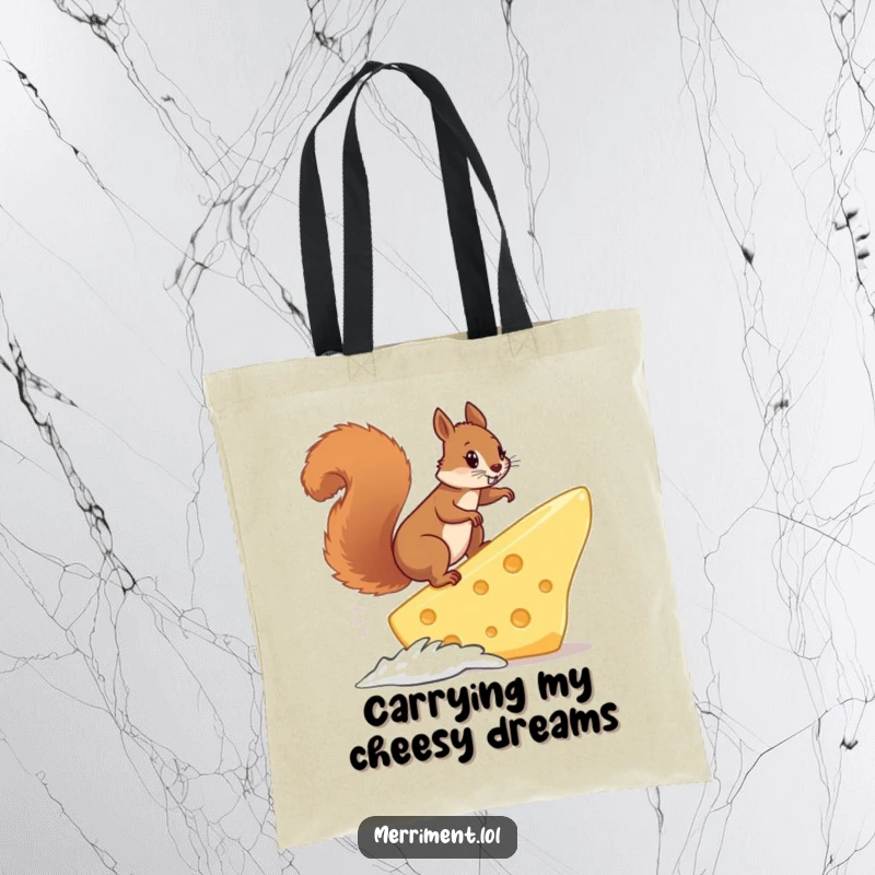 Funny squirrel determinedly surfing on a giant cheese slice, making this tote bag a humorous and practical statement piece.