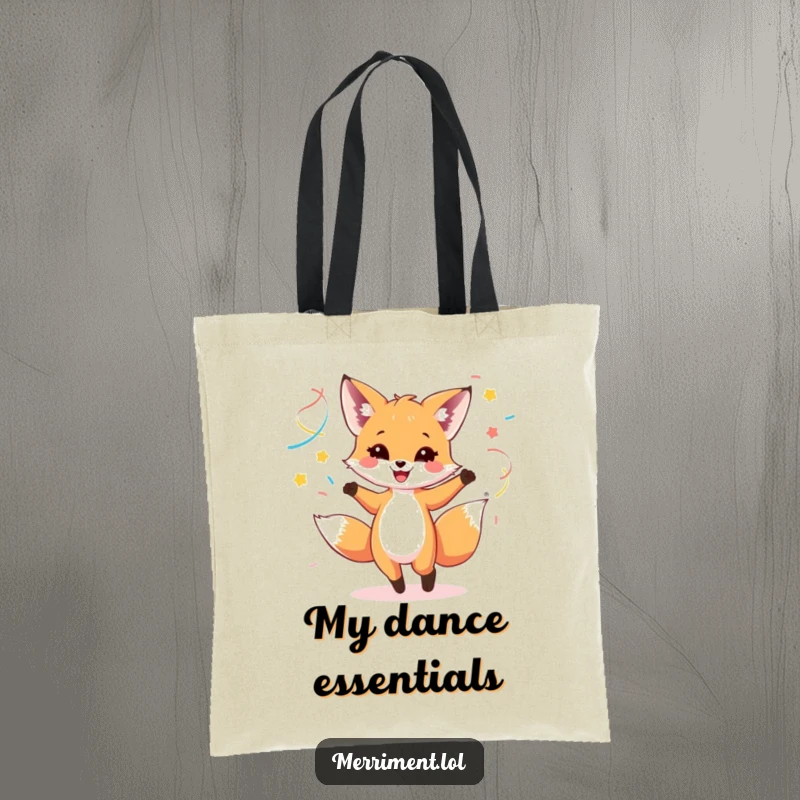 Funny tote bag with a happy fox cub dancing energetically with colorful streamers, ideal for daily use.