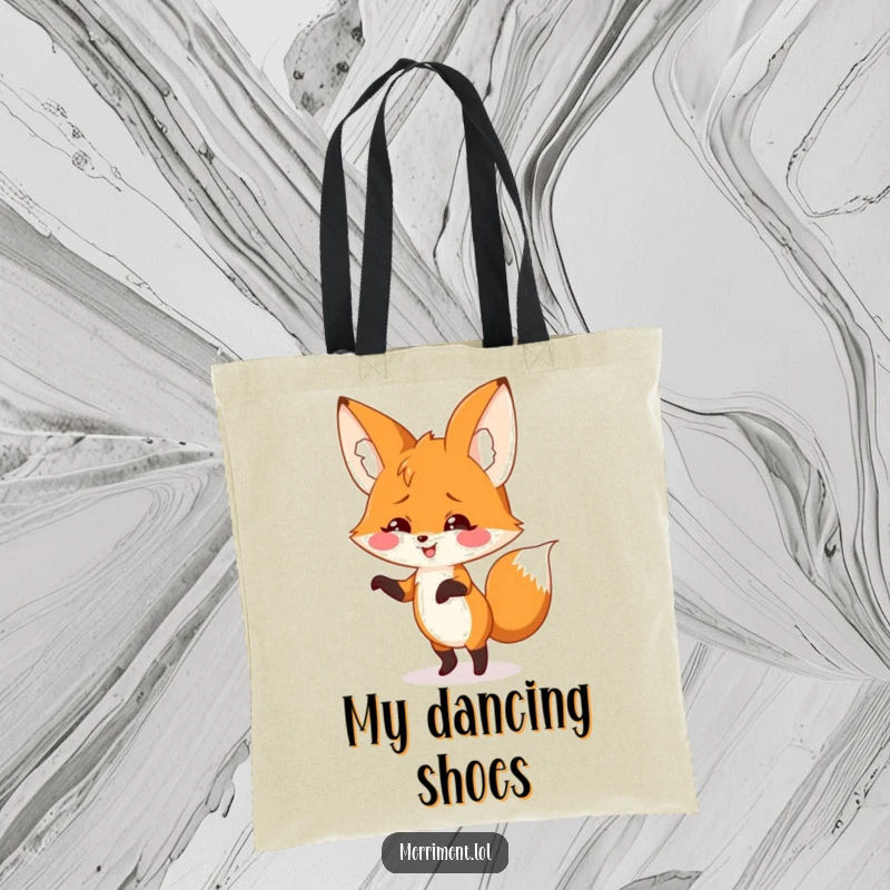 Smiling fox with giant floppy ears doing a silly dance on a tote bag, perfect for carrying items with groovy flair.
