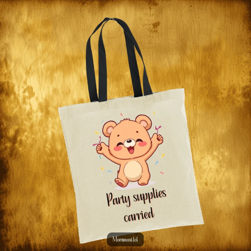 Funny tote bag featuring a giggling bear cub wearing festive streamers and dancing with abandon, a humorous accessory.
